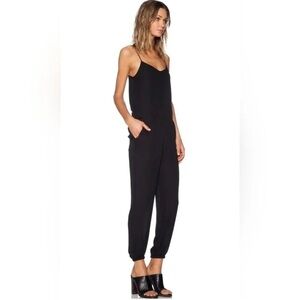 Theory 100% silk Black Jumpsuit jogger cuffs spaghetti straps front pockets sz 4